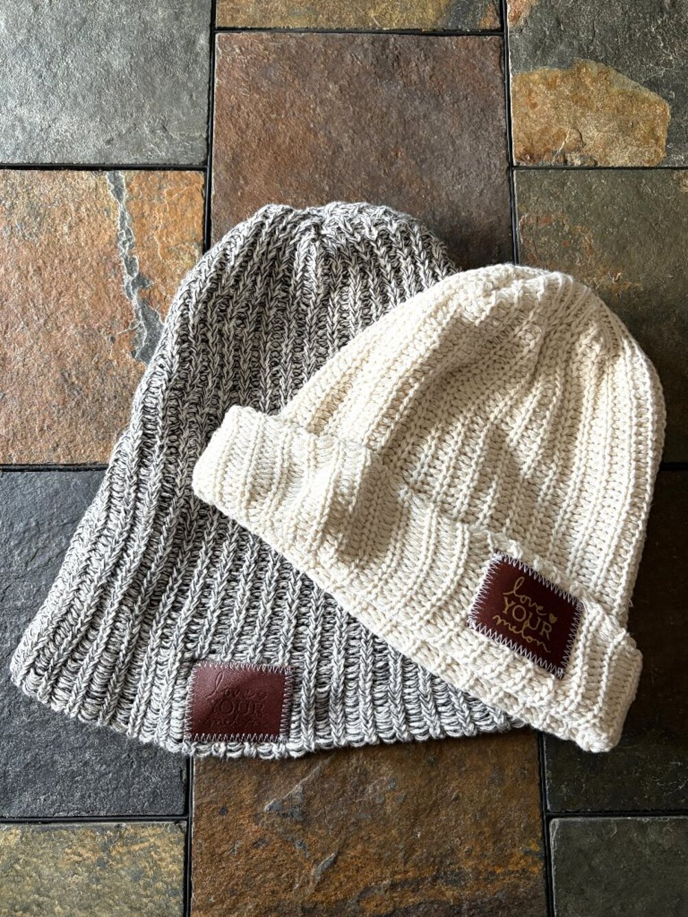 Love Your Melon knit beanie set of 2 – cream cuffed & marled gray slouchy OSFM